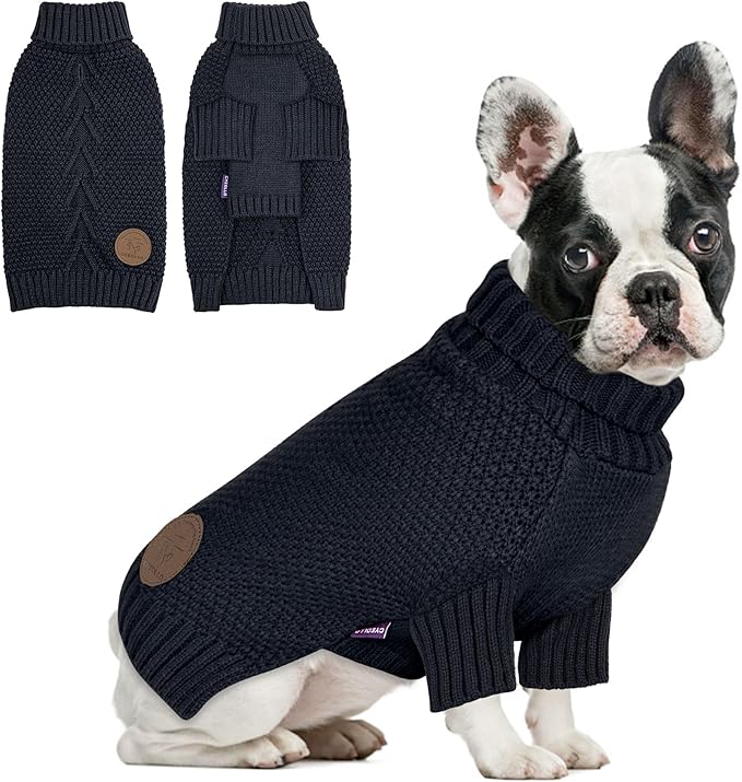 cyeollo Dog Sweaters for Small Dogs Boy, Pullover Turtleneck for Dogs Male, Knitted Doggy Fall Winter Warm Cold Weather Dog Clothes Apparel with Sleeves, Navy L