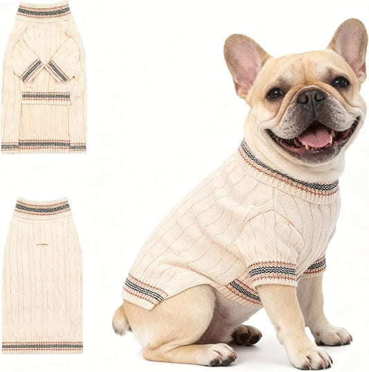 Medium/Large Dog Sweater, Warm Dog Winter Coat w/Sleeves, Comfortable High Neck & Leash Hole, Premium Dog Clothes for Bulldog-Best for Holidays, Daily Walks L White