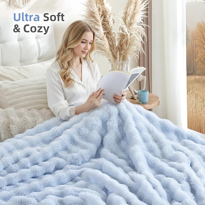 Smoofy Faux Fur Throw Blanket for Couch Rabbit Fleece - Light Blue Fluffy Blanket for Sofa Bedroom Living Room, Cozy Soft Plush Luxury Thick Winter Fuzzy Comfy Bubble Blanket - 60" x 80"