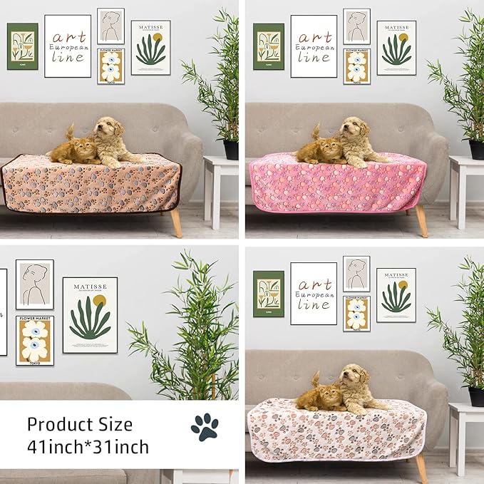 Rezutan Dog Blankets for Large Dogs, Upgraded 3 Pack Dogs Cat Blanket Washable 41" x 31", Soft Pet Throw Cover Suitable for Kennel Crate Bed, Cute Paw Pattern, White/Brown/Pink