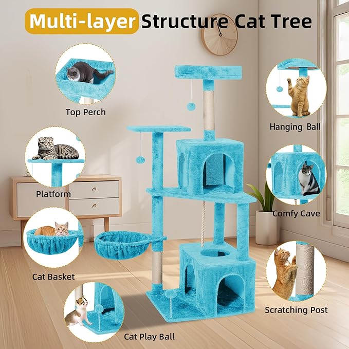Cat Tree 54-Inch Cat Tower with Padded Plush Perch 2 Comfy Caves, Scratching Posts, Basket, 2 Pompoms, Multi-Level Plush Cat Condo for Indoor Cats Kittens, Blue