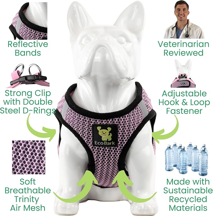 EcoBark Step in Dog Harness - Eco-Friendly Teacup Dog Harnesses for XXS, XS, and Small Dogs - Reflective and Adjustable Mini Body Halter Vest -Tiny Soft Mesh Toy Breed Harness (Lilac Pink, XXS)