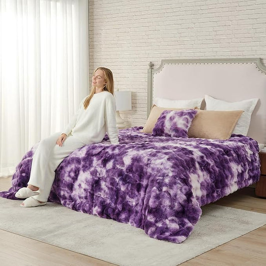 Cozy Bliss Faux Fur Throw Blanket for Couch, Bubble Plush Blanket King Size, Fuzzy Soft & Thick Blanket for Bed Sofa Living Room, 108x90 Inches Tie-dye Purple
