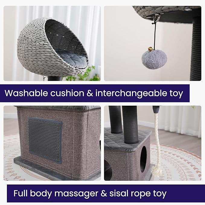 Catry 62" High 6 Level Mordern Cat Tree with Large Base Condo, Top Hoodie Bed, Quilted Velvet Pad Steps, Replaceable Scratching Posts,for Multi- Cats Homes(Dark Gray)