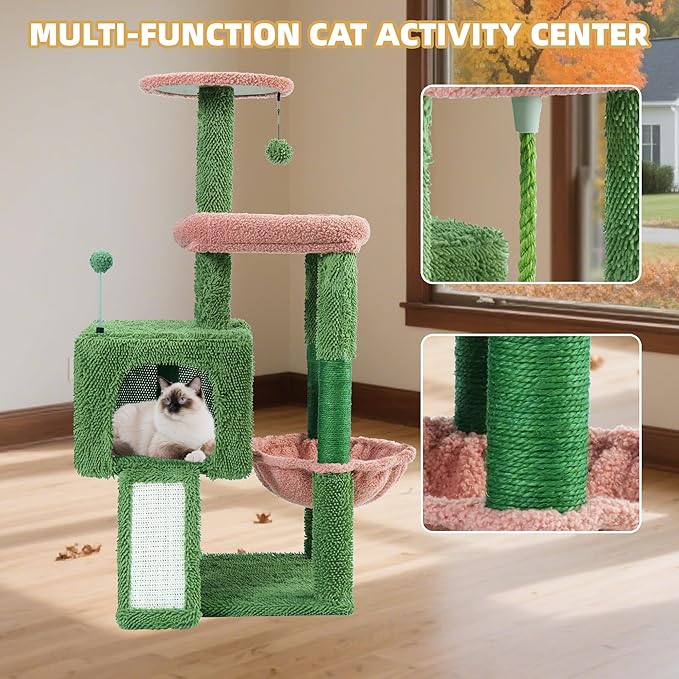 TWDEPART 37.5" All-in-One Cat Tree Tower with Scratching Board & Posts Cozy Sleeping Perch Hammock and Toy Balls, Green