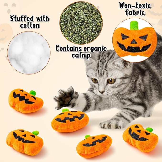 MALLMALL6 Catnip Toys for Cat - 5Pcs Halloween Pumpkin Jack O Lantern Catmint Interactive Kitten Toy for Indoor Kitty, Soft Orange Kitten Teething Chew Supplies Set, Pet Gifts for Cat Lover