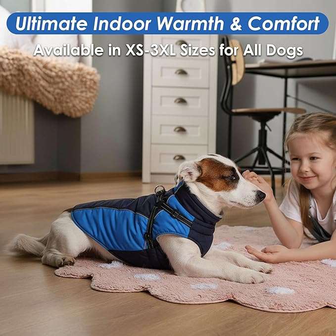 ASENKU Reflective Dog Coat with Built-in Harness, Windproof Fleece-Lined Dog Jacket for Small, Medium, Large Dogs, Warm Winter Vest with Turtleneck & Zipper (Navyblue 2XL)