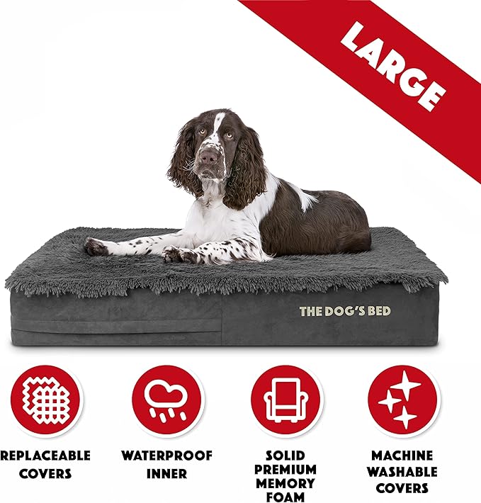 The Dog’s Bed Orthopedic Memory Foam Dog Bed, Large Grey Fur, Pain Relief for Arthritis, Hip & Elbow Dysplasia, Post Surgery, Lameness, Supportive, Calming, Waterproof Cover