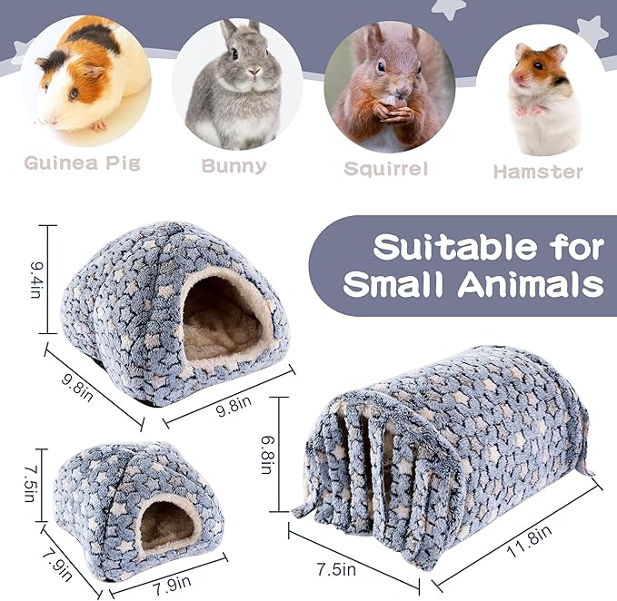 MABOZOO 3 Pack Guinea Pig House Accessories, Washable 2 Guinea Pig House and Hideout Tunnel with Curtains, Chinchilla Hideout for Hamster, Rabbit, Bunny, Chinchillas (Blue-Star)