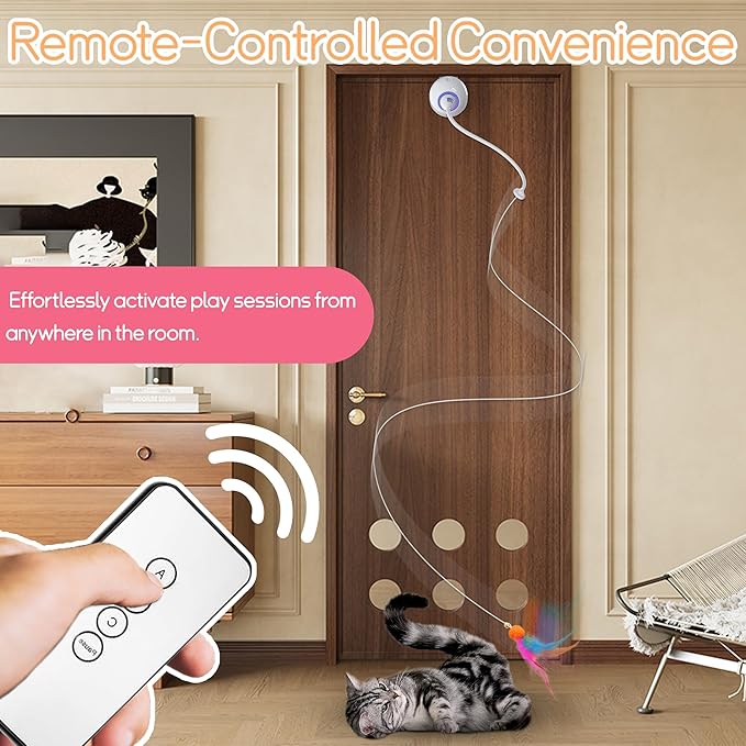 Cat Toys Interactive for Indoor, Cats Toy Hanging Door Electric for Bored, Feather Toy Kitten Rechargeable Door Hanging Automatic String with 4pcs Feather Toys, White