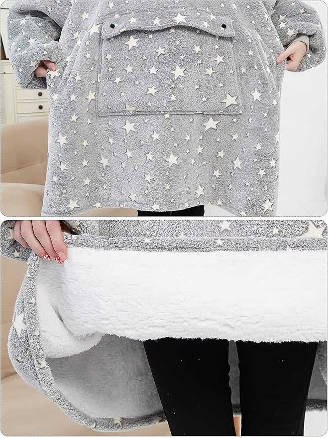 KFUBUO Wearable Blanket Hoodie for Kids Sherpa Patterns Oversized Sweatshirt Blanket With Pocket 6-10 Year Old Girl Boy Gifts Glow in The Dark Stars