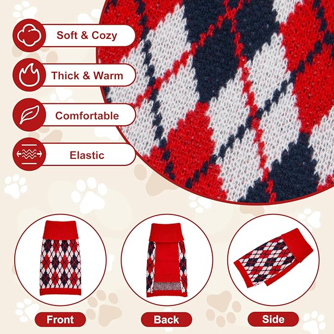 Dog Sweater for Small Dogs Plaid Checkered Knit Turtleneck Pullover Winter Clothes Boys Girls Stretch Puppy Doggie Chihuahua Yorkie Toy Poodle Pomeranian Christmas Pet XS