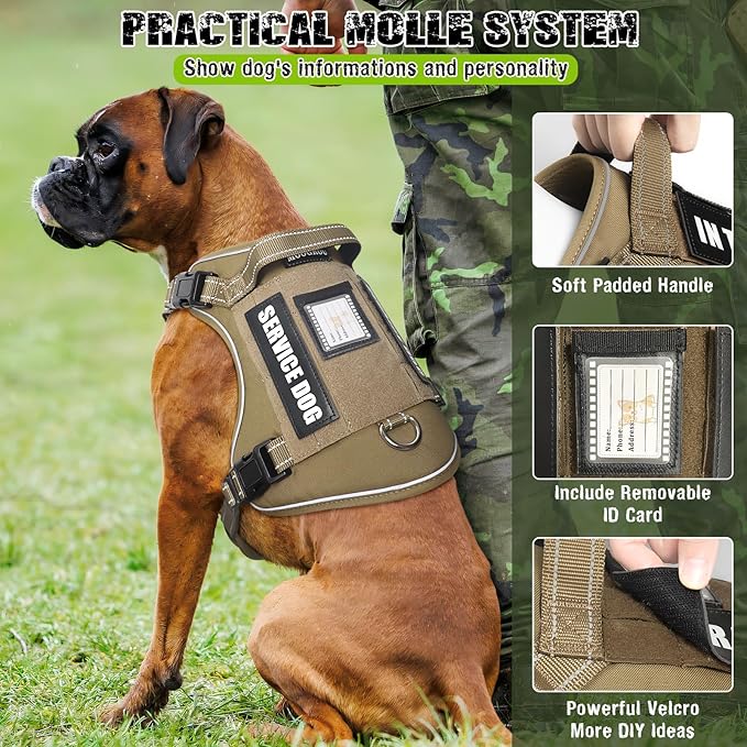 Tactical Dog Harness and Leash Set for Large Dogs,Heavy Duty No Pull Service Dog Vest and 10 Patches with Dog Seat Belt,Reflective Adjustable Pet Harness for Training Walking Hiking Brown XL