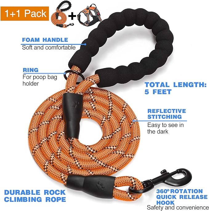 No Pull Dog Harness Adjustable Reflective Oxford Easy Control Medium Large Dog Harness with A Free Heavy Duty 5ft Dog Leash (S (Neck: 14"-17", Chest: 18.5"-20"), Orange Harness+Leash)
