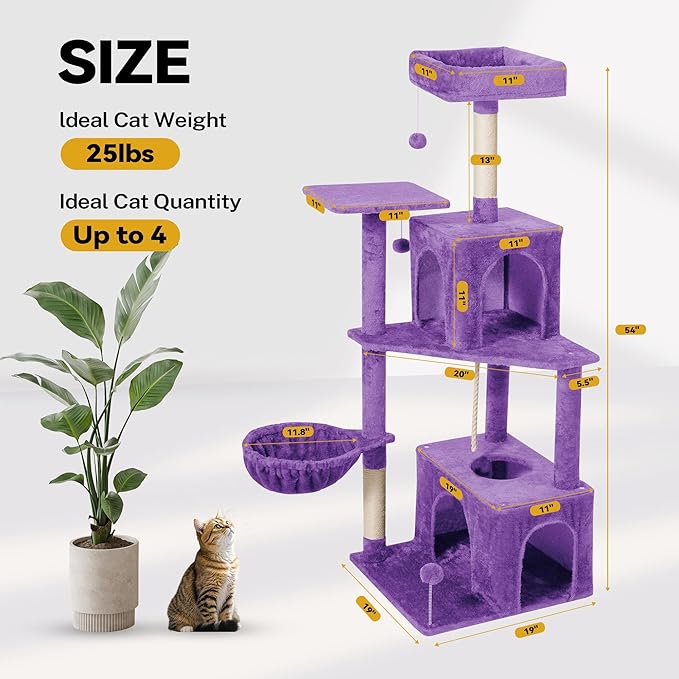 Cat Tree, 54-Inch Cat Tower for Indoor Cats,Plush Multi-Level Cat Condo with Scratching Posts, Basket, Perches,2 Caves,2 Pompoms(Purple)