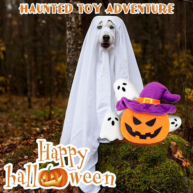 Halloween Dog Toys - Pumpkin & Ghosts Dog Halloween Toys, Squeaky Plush Dog Toy, Gifts for Small Medium Large Dogs, Hide and Seek Dog Toy