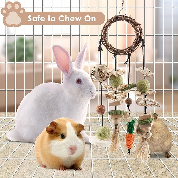 Bissap Bunny Chew Toy, 2 Packs Rabbits Cage Hanging Chew Toys and Treats Rattan Ring with Snacks for Guinea Pigs Chinchillas Hamsters Rats and Other Small Pets Teeth Grinding