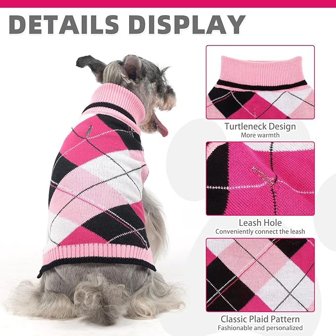KOOLTAIL Dog Sweater Pet Knitted Clothes - Classic Plaid Pull Over Turtleneck Dog Sweaters with Leash Hole Warm Dogs Winter Clothing for Small Medium Dogs Cats Puppy M