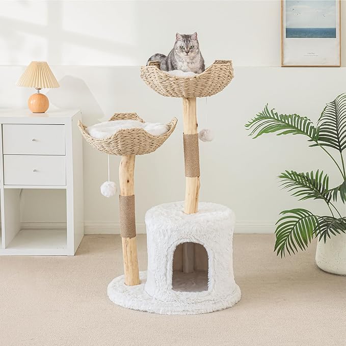 Modern Cat Tree for Indoor Cats Large Adult, 46" Tall Wooden Cat Tower for Large Cats with Scratching Post, Luxury Cat Condo, White