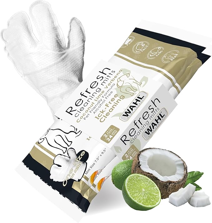 Wahl Refresh Cleaning Mitt Dog Wipes for Ick-Free Cleaning of Dog Paws, Face, Ears and Butt - Coconut Lime Verbena Scent – 24 ct - Model 3027121