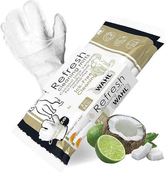 Wahl Refresh Cleaning Mitt Dog Wipes for Ick-Free Cleaning of Dog Paws, Face, Ears and Butt - Coconut Lime Verbena Scent – 24 ct - Model 3027121