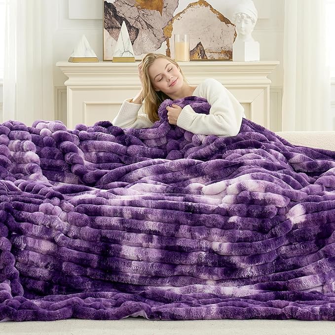 Cozy Bliss Faux Fur Throw Blanket for Couch, Cozy Warm Plush Striped Blanket for Sofa Bedroom Living Room, 60 * 80 Inches Tie-dye Purple