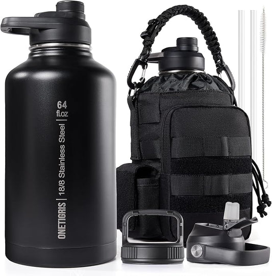 OneTigris Tactical Half Gallon Water Bottle with Straw - 64 oz Vacuum Insulated Stainless Steel Water Jug, Leakproof Sport Bottle with 3 BPA Free Lids, Paracord Handle & MOLLE Water Pouch for Outdoor