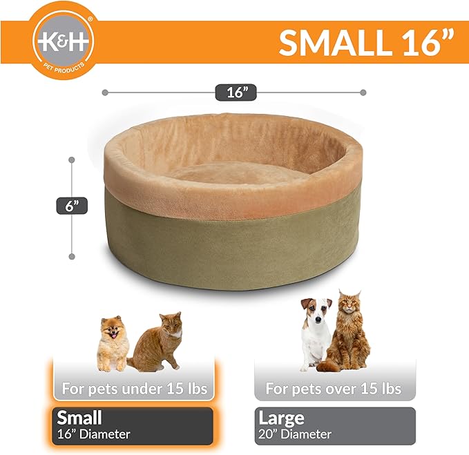 K&H Pet Products Thermo-Kitty Bed Heated Cat Beds for Indoor Cats & Dogs, Calming Warming Pillow Pet Bed, Machine Washable, Removable Heater, Safety Listed - Small 16" Round Sage/Tan