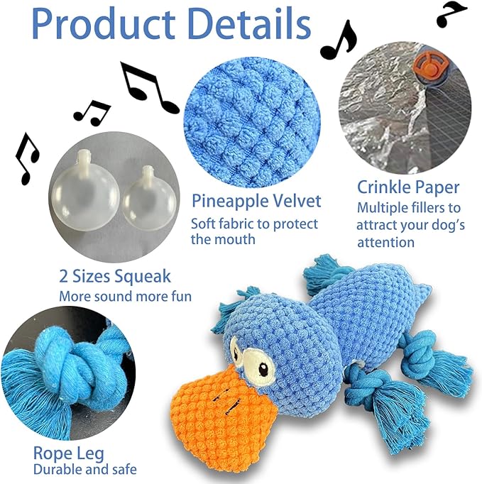 Upgraded Indestructible Dog Toys, Double Reinforced Fabric and Wrinkled Paper Plush Toys for Small, Medium and Large Dogs, Durable Dog Squeaky Toys, Teething Puppy Chew Toys (Blue)