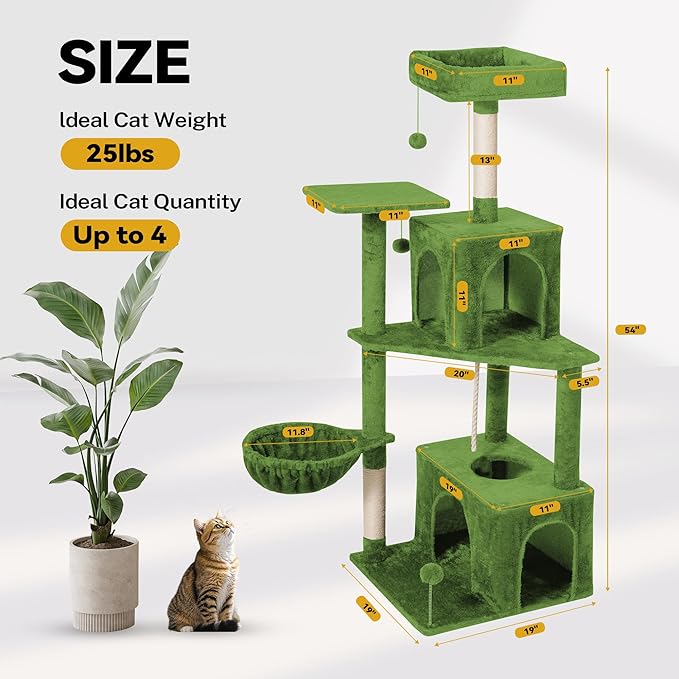 Cat Tree 54-Inch Cat Tower with Padded Plush Perch 2 Comfy Caves, Scratching Posts, Basket, 2 Pompoms, Multi-Level Plush Cat Condo for Indoor Cats Kittens, Green