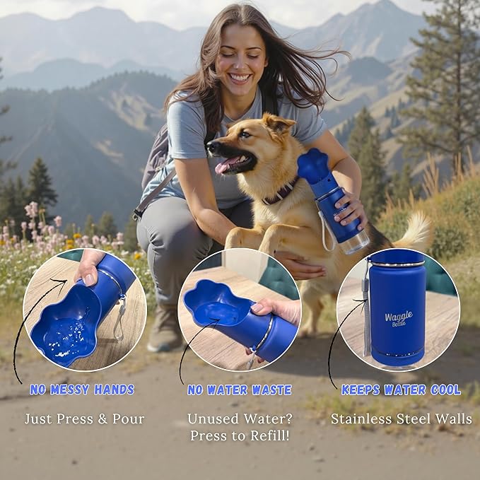 Stainless Steel Dog Travel Water Bottle, Vacuum Insulated Portable Dog Water Dispenser, Drink Cup and Snack Container On The Go, Outdoor Walking, Hiking, Travel (Cobalt)
