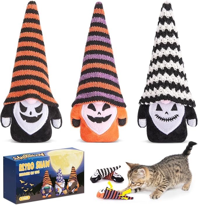 Retro Shaw Halloween Cat Toys Gnomes, 3Pcs Crinkle Sound Catnip Toys for Indoor Cats Kitten, Interactive Cat Nip Chew Kicker Kitty Toy for All Pet Breeds