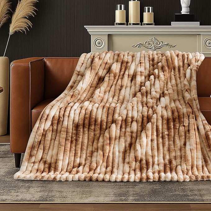 Amélie Home Faux Fur Throw Blanket for Couch, Cozy Fuzzy Fluffy Fur Luxurious Soft Striped Plush Gift Blankets for Family Sofa Chair Bedroom, 55"x70", Tie-dye Khaki