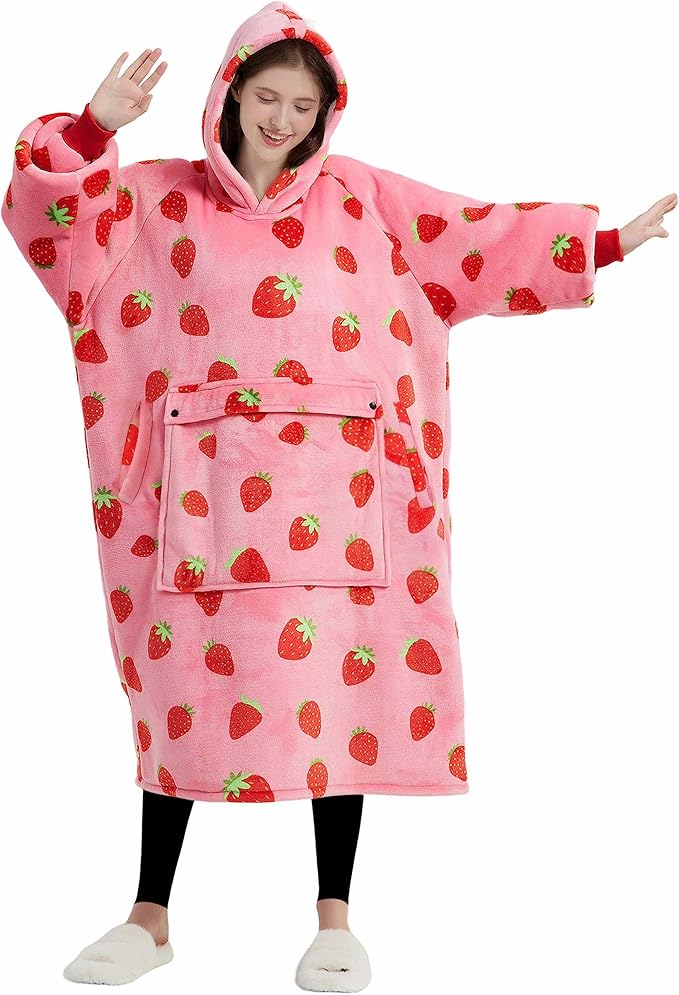 KFUBUO Wearable Blanket Hoodie for Adult Long Sherpa Strawberry Patterns Oversized Sweatshirt Blanket with Pockets Birthday Gifts for Women