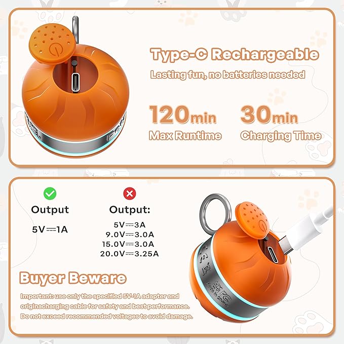 Speedy 2.0 Tail Interactive Cat Toys for Bored Indoor Adult Cats with 3 Tails,Automatic Cat Toy Ball Self Moving Chirping,Smart Kitten Rechargeable Cat Ball for Enrichment Exercise Essentials(Orange)