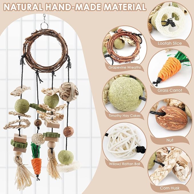 Bissap Bunny Chew Toy, 2 Packs Rabbits Cage Hanging Chew Toys and Treats Rattan Ring with Snacks for Guinea Pigs Chinchillas Hamsters Rats and Other Small Pets Teeth Grinding