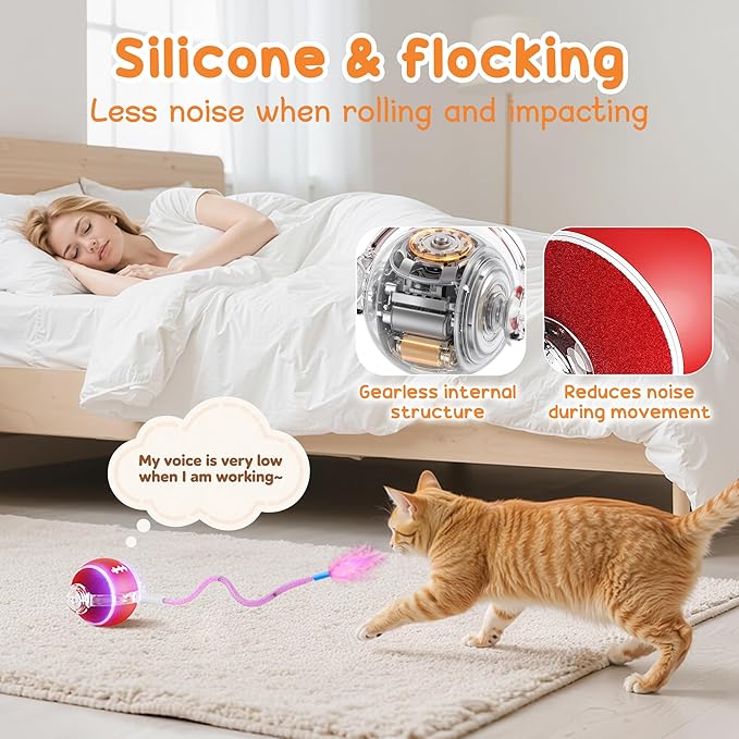 Interactive Cat Toys for Indoor Cats,3 Modes Electric Moving Cat Ball with Feather Tail,800MAH Large Capacity & Low Noise,Automatic Kitten Toys for Bored Indoor Adult Cats