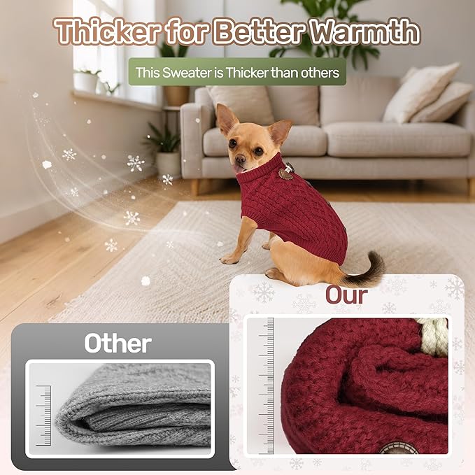 WOYYHO Cozy Pullover Dog Sweaters for Small Dogs, Cable Knit with Cow Horn Buttons, Warm Round Neck Winter Clothes for Puppy Chihuahua Yorkie, Red L