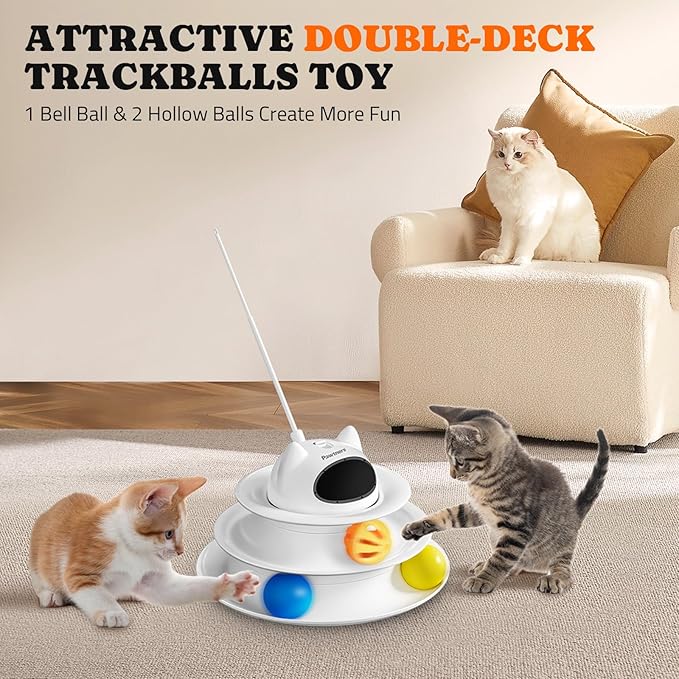 Interactive Cat Toy: 5 in 1 Automatic Cat Toy for Indoor Cats, Rechargeable Hide and Seek Toy with PVC Cover, Battery Operated Kitten Laser Toy with Standard Feather Accessories Pack