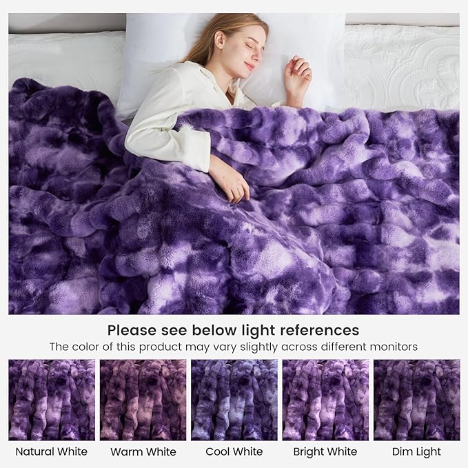 Cozy Bliss Faux Fur Throw Blanket for Couch, Bubble Plush Blanket King Size, Fuzzy Soft & Thick Blanket for Bed Sofa Living Room, 108x90 Inches Tie-dye Purple