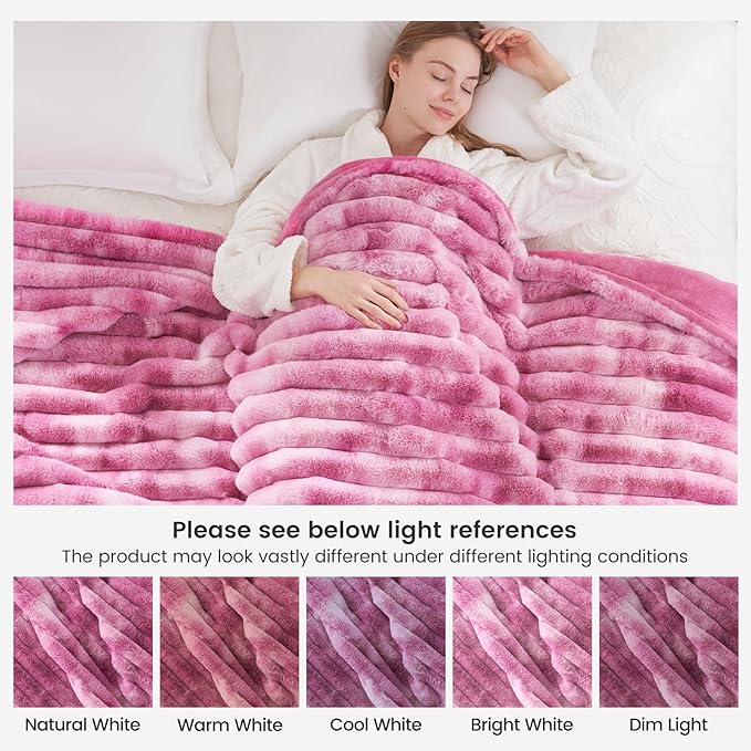 Cozy Bliss Faux Fur Throw Blanket for Couch, Cozy Warm Plush Striped Blanket for Sofa Bedroom Living Room, 50 * 60 Inches Tie-dye Pink