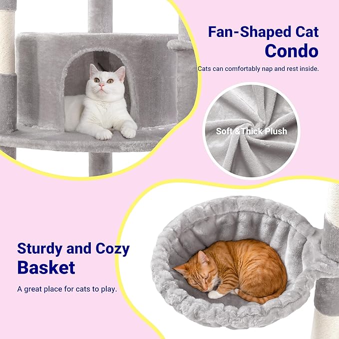 Allewie 73in Fan-Shaped Space-Saving Corner Cat Tower/Multi-Level Tall Cat Tree for Indoor Kitties/Cozy Baskets/Condos/House/Perches/Sisal Scratching Posts/Pet Activity Center/Grey