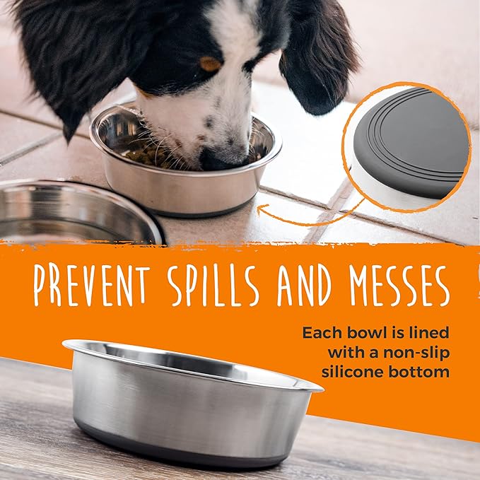 Mighty Paw Stainless Steel Dog Bowls - Steel Bowl Set - Pack of 2 - Non-Slip Rubber Bottom - No Spill Design - Safe Dog Food - Dishwasher Safe - Suitable for Small to Large Pets - Medium - 7 Inches