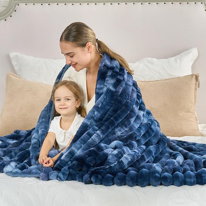 Cozy Bliss Faux Fur Throw Blanket for Couch, Cozy Warm Plush Striped Blanket for Sofa Bedroom Living Room, 60 * 80 Inches Tie-dye Blue
