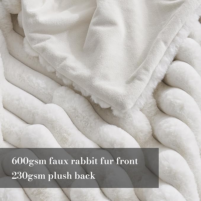 Amélie Home Faux Fur Throw Blanket for Couch, Cozy Fuzzy Fluffy Fur Luxurious Soft Striped Plush Gift Blankets for Family Sofa Chair Bedroom, 55"x70", Ivory