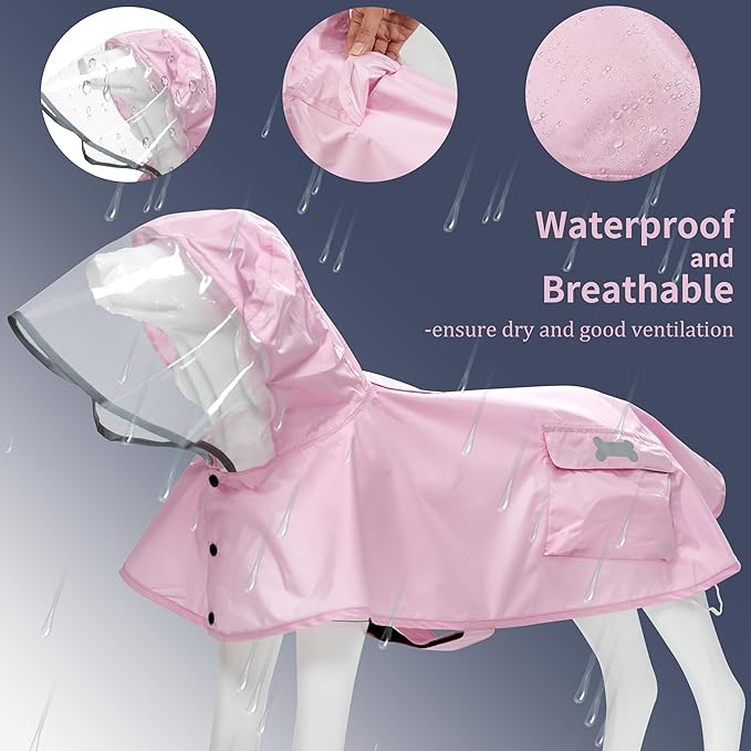 Waterproof Dog Raincoat, Adjustable Reflective Lightweight Pet Rain Clothes with Poncho Hood (Light Pink, Large)