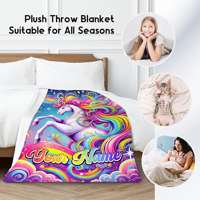 Unicorn Blankets - Personalized Kids Blanket Gifts for Girls - Flannel Soft Cute Throws for Room Decor, Couch,Office - 4 Sizes