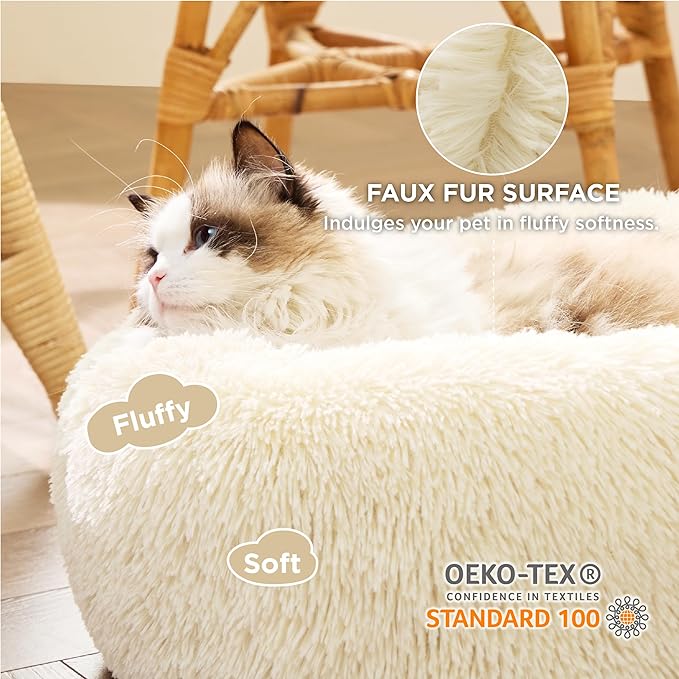 Bedsure Calming Cat Beds for Indoor Cats - Small Cat Bed Washable 20 inches, Anti-Slip Round Fluffy Plush Faux Fur Pet Bed, Fits up to 15 lbs Pets, Ivory Beige
