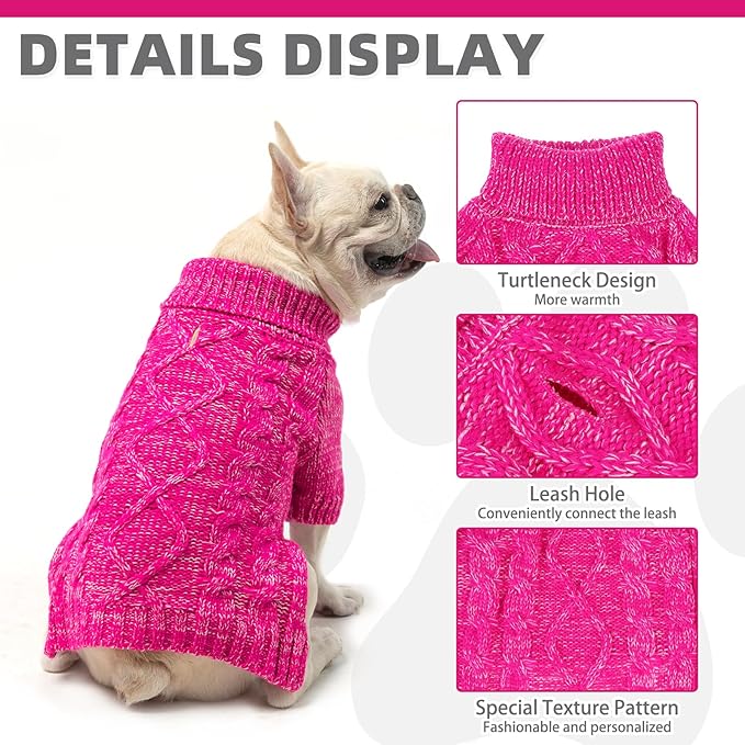 KOOLTAIL Dog Sweater for Large Medium Small Dogs, Fall Dog Sweaters, Turtleneck Cable Knitwear Pet Cold Weather Coats with Leash Hole, Warm Winter Pullover Clothes for Bulldog, Yorkie,Boy Girl, Rose M