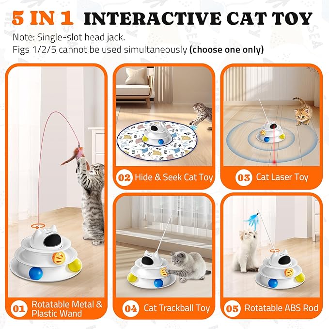 Interactive Cat Toy: 5 in 1 Automatic Cat Toy for Indoor Cats, Rechargeable Hide and Seek Toy with PVC Cover, Battery Operated Kitten Laser Toy, Self Play Fluttering Feather Wand with Track Ball